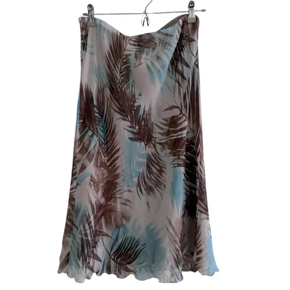 VTG Karen Kane 100% Silk Skirt Palm Tree Leaves Tropical Blue Brown Below Knee M - Picture 3 of 9